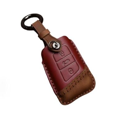 Imagem de Capa de couro crazy horse para chave de carro, compatível com vw tayron lavida sagitar tiguan magotan passat, acessórios de capa remota(A Red)
