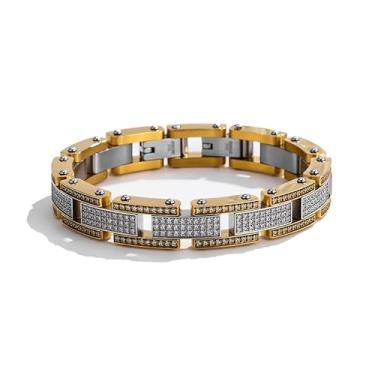 Imagem de Qing Birdee Pulseira masculina de luxo de aço inoxidável, design de corrente de zircão pavé, 13 mm de largura, 21 cm, disponível em prata, ouro, preto, One Size, Aço inoxidável, Sem Pedra Preciosa
