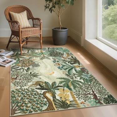 Imagem de GarveeHome Tapete lavável de 7 x 12 cm para quarto, tapete macio de tigre de animais da selva, antiderrapante, tapete verde, resistente a manchas, tapete para cabeceira, quarto de crianças, escritório