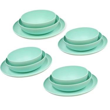 Imagem de Jogo 12 Pratos Raso Cinza Escuro – Design Moderno Street, Ideal para Refeições Domésticas, Jantares e Eventos Casuais (Verde claro)