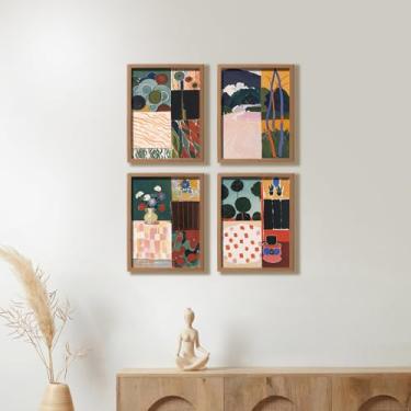 Imagem de Gatheroad Conjunto de 4 peças de arte de parede abstrata estilo Matisse - 20 x 25 cm impressões sem moldura com vaso e paisagem, decoração eclética colorida para sala de estar e quarto, arte de casa