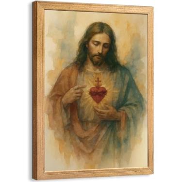 Imagem de Arte de parede em tela com moldura de madeira do Sagrado Coração de Jesus Cristão Impressões Fotos Decoração de Parede Aquarela Católica Poster Impressão Arte para Sala de Estar Quarto Sala de Oração