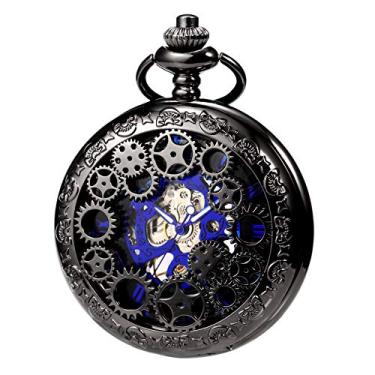 Imagem de TREEWETO Relógio de bolso esqueleto mecânico masculino feminino com caixa vazada Steampunk Blue Hands Fob com caixa de corrente