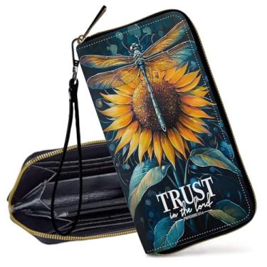 Imagem de Carteira feminina, carteira de pulso de grande capacidade com bloqueio de RFID, porta-cartão de crédito de couro PU fino, Cruz de asa azul vintage