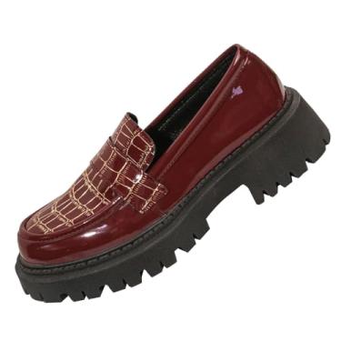 Imagem de Mocassins femininos brilhantes de salto médio com sola grossa para uso casual, Vinho vinho, 36