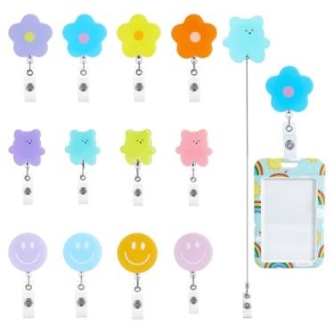 Imagem de PH PandaHall 12 carretéis de crachá de acrílico, clipe retrátil, 3 formas, fofo, porta-crachás, rosto sorridente, urso e flor, clipe para crachá de enfermeira para cartão de identificação, médico