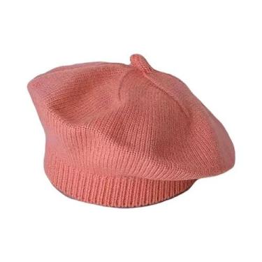Imagem de Chapéu De Malha Quente Para Meninas, Boina De Cor Sólida, Boné De Pint