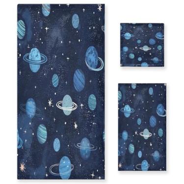 Imagem de xigua Conjunto de toalhas de banheiro com tema de espaço azul absorvente macio 3 peças toalha de banho toalha de mão toalhas decorativas para banheiro, academia, hotel, praia, piscina
