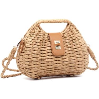 Imagem de Fozehlad Bolsa de palha para mulheres, bolsa de praia de tecido, bolsa de mão transversal de verão, design leve feito à mão, Caqui