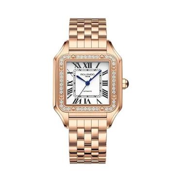 Imagem de Relógio feminino quadrado de luxo, movimento automático de corda automática, relógio feminino elegante de 33 mm, pulseira ouro rosa, algarismos romanos, cristal de safira, relógios de pulso analógicos