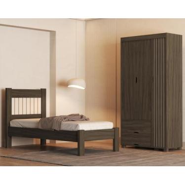 Imagem de Kit Cama Solteiro Para Quarto MDF Com Guarda Roupa 3 Portas 2 Gavetas 