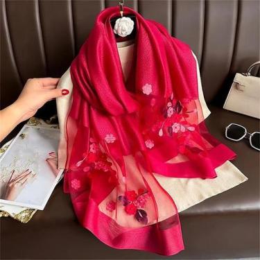 Imagem de Lenço De Seda E Lã Com Bordado Floral Para Mulheres, Hijab Pashmina, X