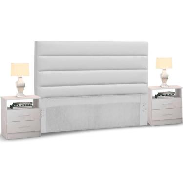 Imagem de Cabeceira Cama Box Casal 140cm Greta Corano Branco e 2 Mesas de Cabeceira Flex Branco - Mpozenato