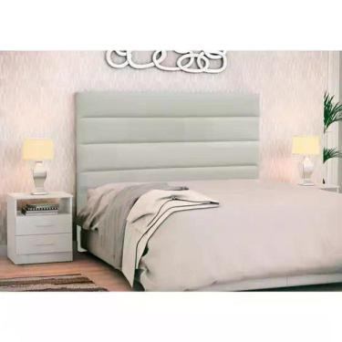 Imagem de Cabeceira Cama Box Casal King 195cm Greta Corano Bege e 2 Mesas de Cabeceira Flex Branco - Mpozenato