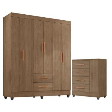 Imagem de Guarda Roupa Casal 6 Portas e Cômoda 4 Gavetas 01 Porta Lite Carvalho Oak - Móveis Leão
