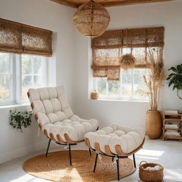 Imagem de Poltrona Com Puff Costela Base Fixa Linho Bege