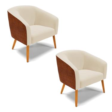 Imagem de Poltrona Decorativa Pé Palito Castanho Kit 2 Stella Nozes/Linho Bege D03 - D'Rossi