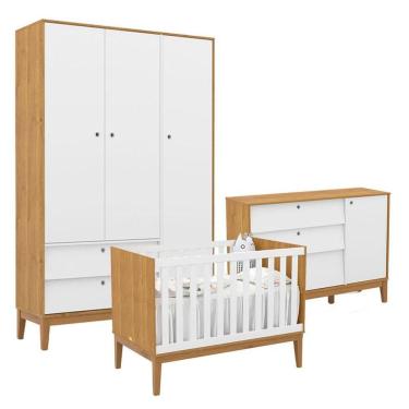 Imagem de Quarto de Bebê Unique 3 Portas com Cômoda Sapateira em MDF 132cm Branco Freijó Eco Wood...