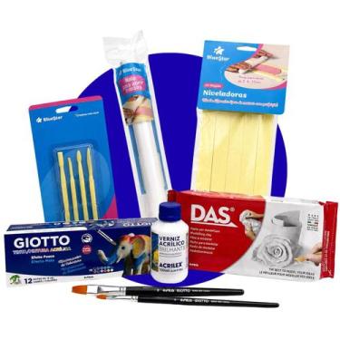 Imagem de Kit Artesanato Cerâmica Fria com Massa DAS 1Kg com Verniz Tinta Acríli