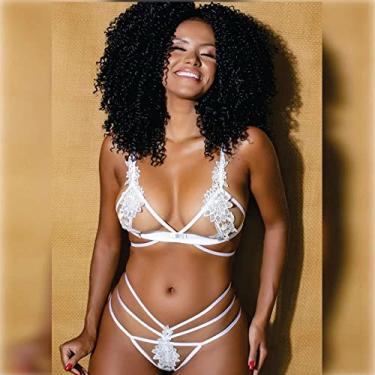 Imagem de Tallyta Lingerie Conjunto Ilusion Secret Sutiã Bordado Tule Calcinha Fio Dental Branco Tamanho P