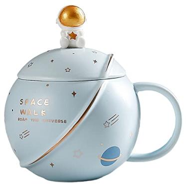 Imagem de seelucky Caneca de balão de ar quente com tampa colher criança caneca de leite de desenho animado caneca 3D xícara de café de cerâmica xícara de chá presente de aniversário escritório casa (caminhada espacial azul claro, 400 ml)