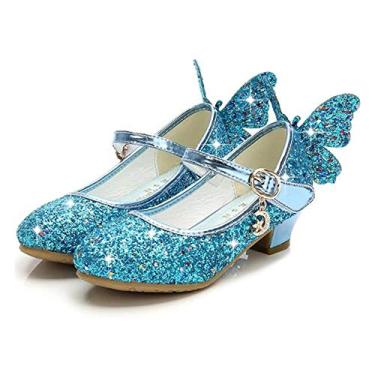 Imagem de TangDao Sapatos de festa de casamento Mary Jane com borboleta brilhante para meninas com glitter, salto baixo, sapatos de princesa (bebê/criança pequena/criança grande), Azul, 1.5 Big Kid