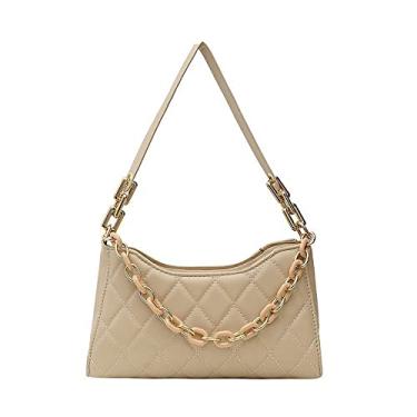 Imagem de Bolsa de ombro feminina de couro acolchoado com corrente, bolsa elegante para axilas, Caqui