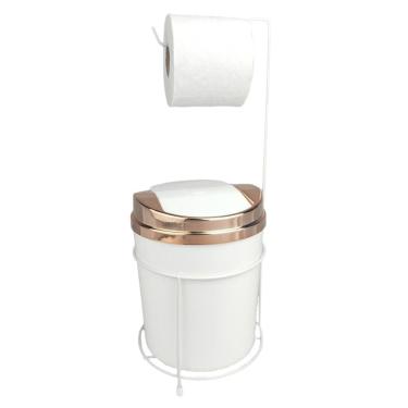 Imagem de Kit Suporte Porta Papel Higiênico Lixeira 5L Cesto Lixo Tampa Basculante Banheiro Branco Rose Gold - AMZ