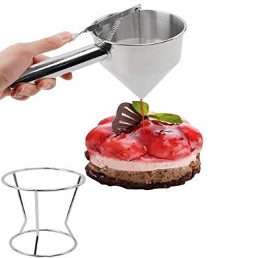 Imagem de Dispensador de massa de panquecas de funil de confeitaria com suporte de rack – funil de cupcake de aço inoxidável 1000 ml – cozinha doméstica de panquecas – ferramenta de cozimento faça-você-mesmo 4 xícaras – (25,4 cm x 26,6 cm x 14 cm)