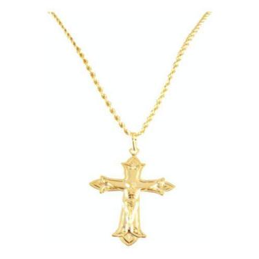 Imagem de Corrente Cordão Baiano Masculino 60cm Com Crucifixo Tudo Folheado Ouro