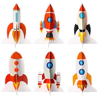 Imagem de Yewong 6 peças espaço sideral mesa 3D peça central nave espacial em forma de foguete tampa de mesa espaço sideral suprimentos para festa de aniversário e decorações para tema de foguete