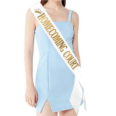Imagem de Faixa "Homecoming Court" - Acessórios para festa de formatura de dança escolar, branco com impressão dourada