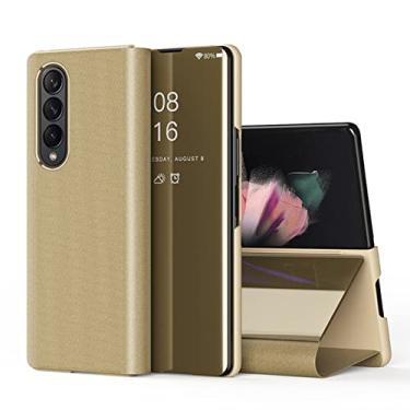 Imagem de Capa de telefone flip de couro com espelho de chapeamento de luxo para Samsung Galaxy Z Fold4 Fold 4 5G caso à prova de choque, ouro, para Samsung Fold4