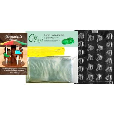 Imagem de Cybrtrayd Molde de chocolate de páscoa "Bite Size Chicks in Basket" com pacote de chocolatier, inclui 25 bolsas para violoncelo, 25 laços amarelos e guia