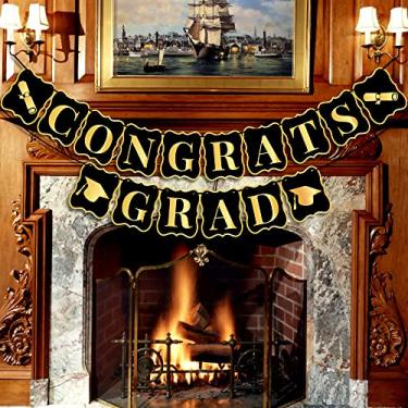 Imagem de Congrats Grad Banner para decorações de festa de graduação - No DIY, grande 20 x 15 cm | Banner de formatura dourado 2021 | Faixa de formatura de parabéns | Decorações de formatura preto e dourado 2021