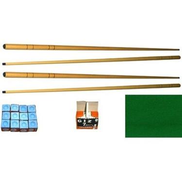 Imagem de Kit 4 Taco 1,30 + Giz Azul + Giz Branco + 2,5m Tecido Pano Para Mesa Sinuca