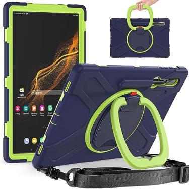 Imagem de Capa resistente para Galaxy Tab S9 Ultra 2023/S8 Ultra 14,6 polegadas 2022, capa híbrida robusta com suporte para caneta S, capa infantil à prova de choque com suporte giratório 360 / alça de ombro (azul marinho + verde)
