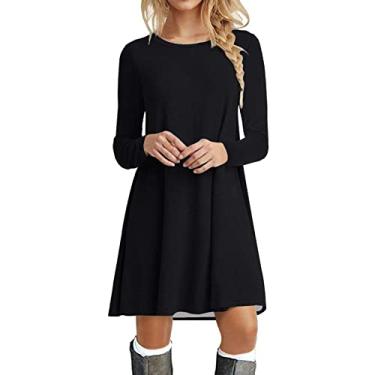 Imagem de Metaxas Vestido feminino de manga comprida casual rodado sólido vestido esportivo para mulheres, Preto, GG