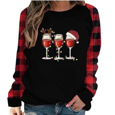 Imagem de Camisa de Natal para mulheres camiseta feminina amante de vinho camisa de manga xadrez blusas femininas tops festivos para mulheres, Roupas femininas vermelhas para festas, G