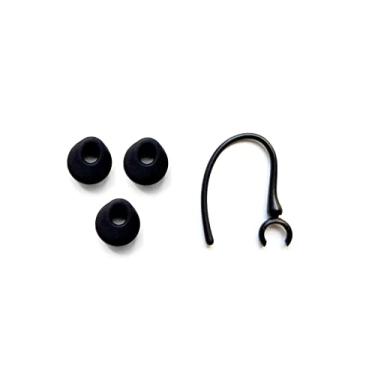 Imagem de 3 fones de ouvido ergonômicos pretos e 1 gancho de orelha compatíveis com fones de ouvido Jawbone ERA Shadowbox, Smokescreen, Midnight e forro prateado