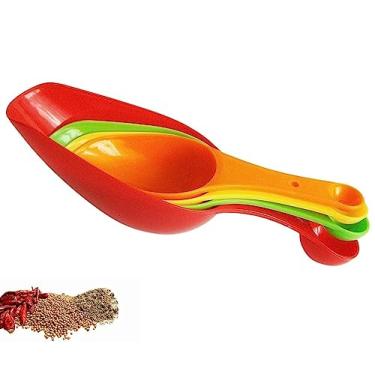 Imagem de Conjunto de colher e copo medidores de plástico dupla face de cozinha de 4 peças - Melhor ferramenta de cozinha para cozinhar alimentos, medir farinha, café e assar bolo (as cores variam)