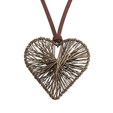 Imagem de AZORA Colar de pingente de anel múltiplo de cor bronze feito à mão estilo boho longo de corda de couro colar para mulheres, Couro, Sem Pedra Preciosa