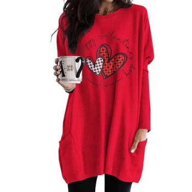 Imagem de Ritatte Túnicas femininas para o dia dos namorados xadrez com estampa de coração de amor camisetas de manga comprida folgadas túnica casual com bolsos, Vermelho, M