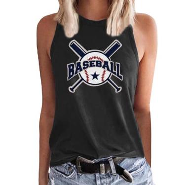 Imagem de Regata feminina de beisebol, gola redonda, sem mangas, estampa de beisebol, caimento solto, camiseta de treino de verão, Preto, G
