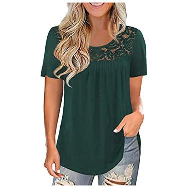 Imagem de Camiseta feminina de renda com gola redonda, manga curta, cor sólida, folgada, casual, para férias de verão, Verde militar, P