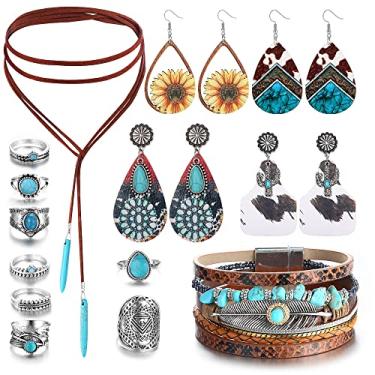 Imagem de HAIAISO Joias ocidentais para mulheres colar com pingente turquesa brincos pendentes turquesa turquesa couro falso pulseiras em camadas boho conjunto de anéis de articulação boêmio conjunto de joias turquesa, Zircônia cúbica