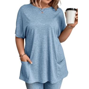 Imagem de OYOANGLE Camiseta feminina plus size, manga curta, gola redonda, bolso, básica, lisa, solta, túnica, Azul, XXG Plus Size