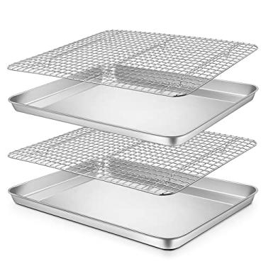 Imagem de Conjunto de 4 formas de assar e grelha de aço inoxidável P&P CHEF de 40 cm, assadeiras com prateleiras de resfriamento, para assar/cozinhar, forno e lava-louças, (2 formas + 2 prateleiras)