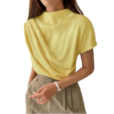 Imagem de SweatyRocks Camiseta feminina casual manga curta gola redonda assimétrica franzida simples, Mostarda amarela, G