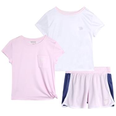 Imagem de Reebok Conjunto de shorts ativos para meninas – Camiseta de manga curta de 3 peças, regata, shorts de ginástica – Conjunto atlético de verão para meninas (7-12), Neblina lavanda clara, 7